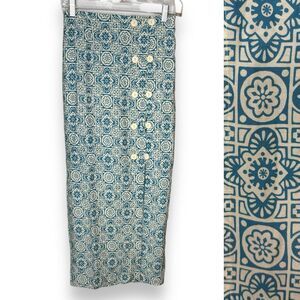 VTG Passports Pier 1 Imports Small Button Front Midi Skirt Blue Cream Geometric